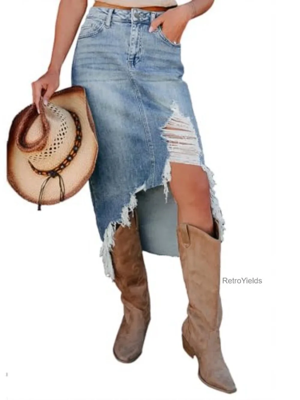 High Waist Distressed Denim Midi Skirt with Frayed Hem, Slit, Asymmetrical - Picture 1 of 4